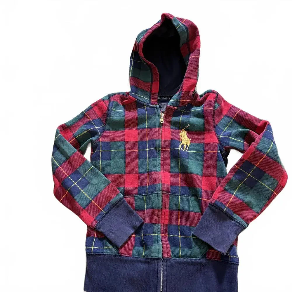 RALPH LAUREN Boys M (8/10) Tartan Full Zip Hoodie Gold Logo Preppy Quiet Luxury